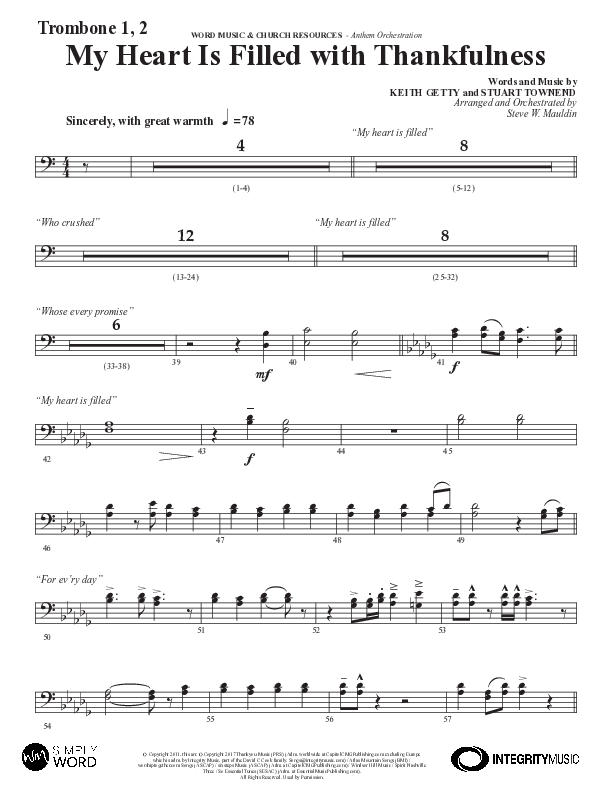 My Heart Is Filled With Thankfulness (Choral Anthem SATB) Trombone 1/2 (Word Music Choral / Arr. Steve Mauldin)