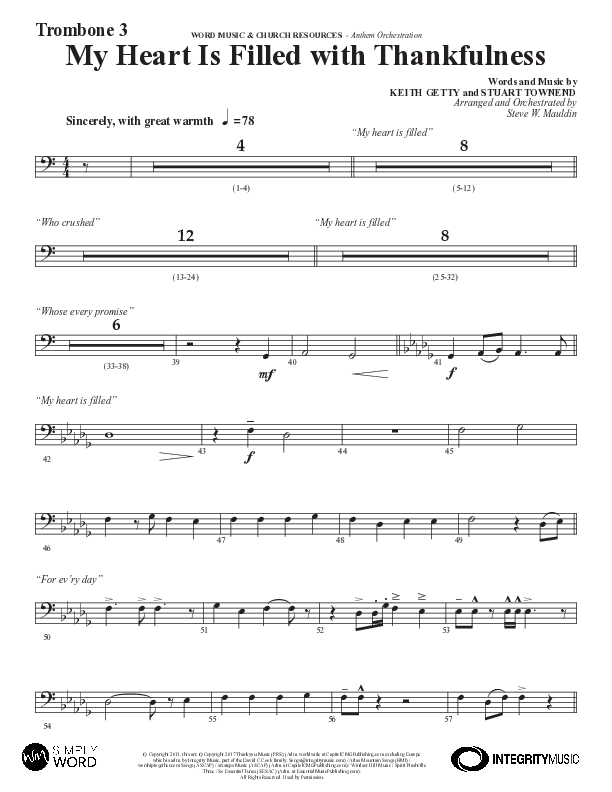 My Heart Is Filled With Thankfulness (Choral Anthem SATB) Trombone 3 (Word Music Choral / Arr. Steve Mauldin)