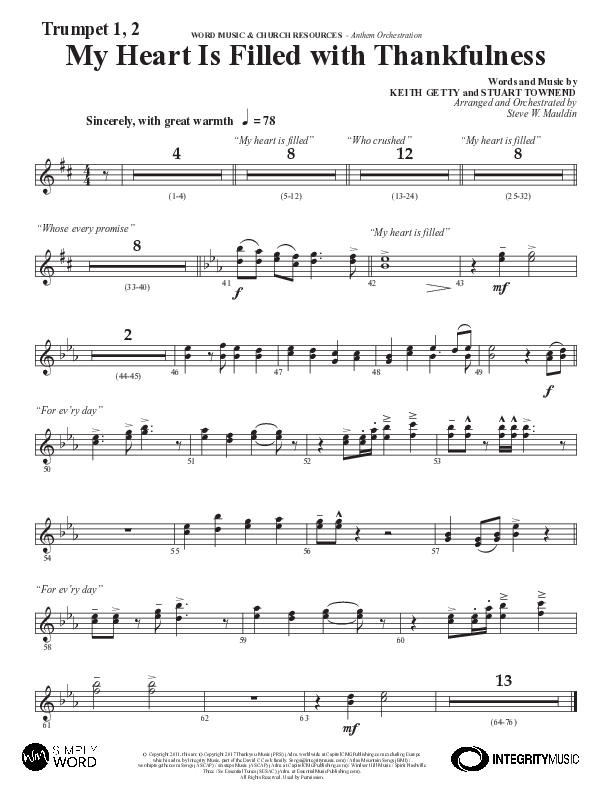 My Heart Is Filled With Thankfulness (Choral Anthem SATB) Trumpet 1,2 (Word Music Choral / Arr. Steve Mauldin)