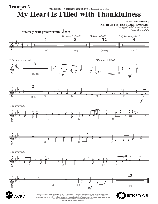 My Heart Is Filled With Thankfulness (Choral Anthem SATB) Trumpet 3 (Word Music Choral / Arr. Steve Mauldin)