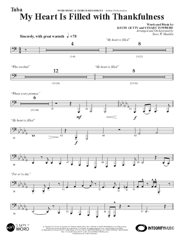 My Heart Is Filled With Thankfulness (Choral Anthem SATB) Tuba (Word Music Choral / Arr. Steve Mauldin)