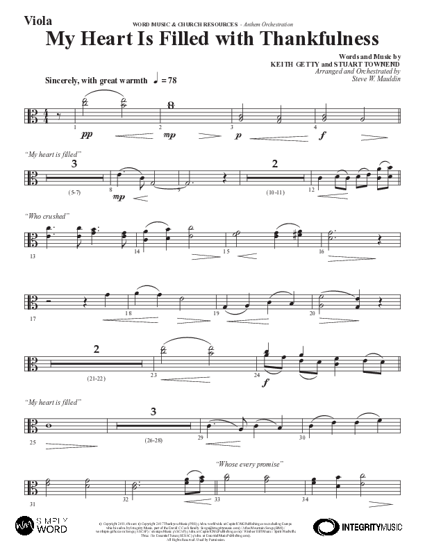 My Heart Is Filled With Thankfulness (Choral Anthem SATB) Viola (Word Music Choral / Arr. Steve Mauldin)
