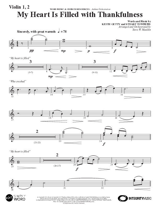 My Heart Is Filled With Thankfulness (Choral Anthem SATB) Violin 1/2 (Word Music Choral / Arr. Steve Mauldin)