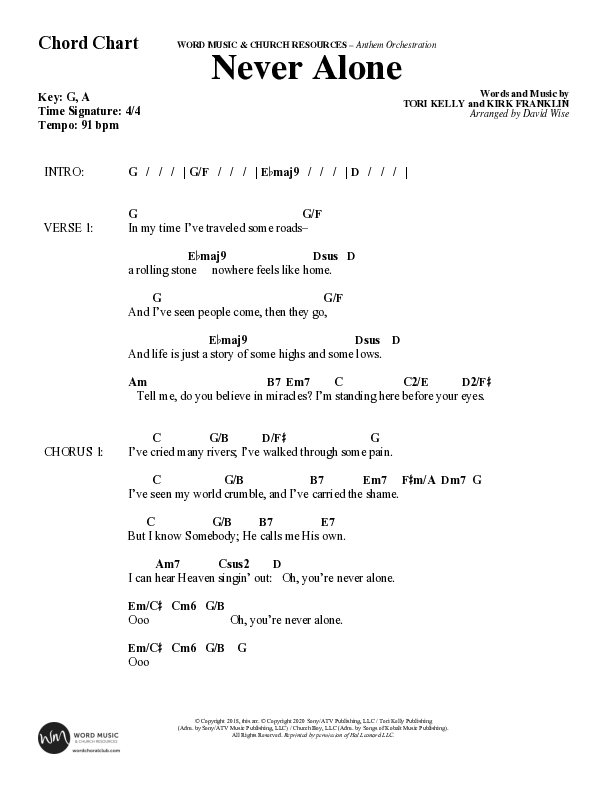 Never Alone (Choral Anthem SATB) Chord Chart (Word Music Choral / Arr. David Wise)