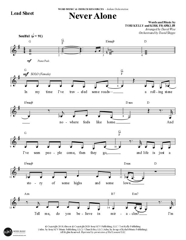Never Alone (Choral Anthem SATB) Lead Sheet (Melody) (Word Music Choral / Arr. David Wise)
