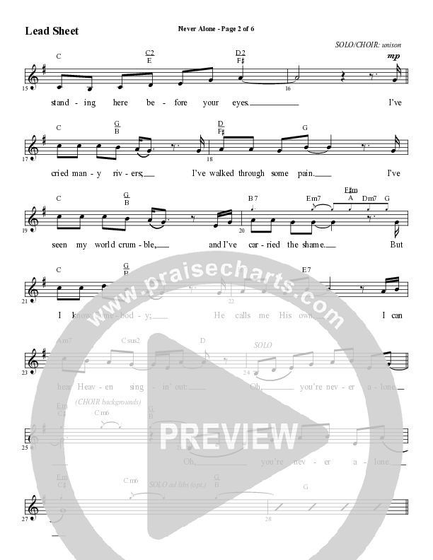 Never Alone (Choral Anthem SATB) Lead Sheet (Melody) (Word Music Choral / Arr. David Wise)