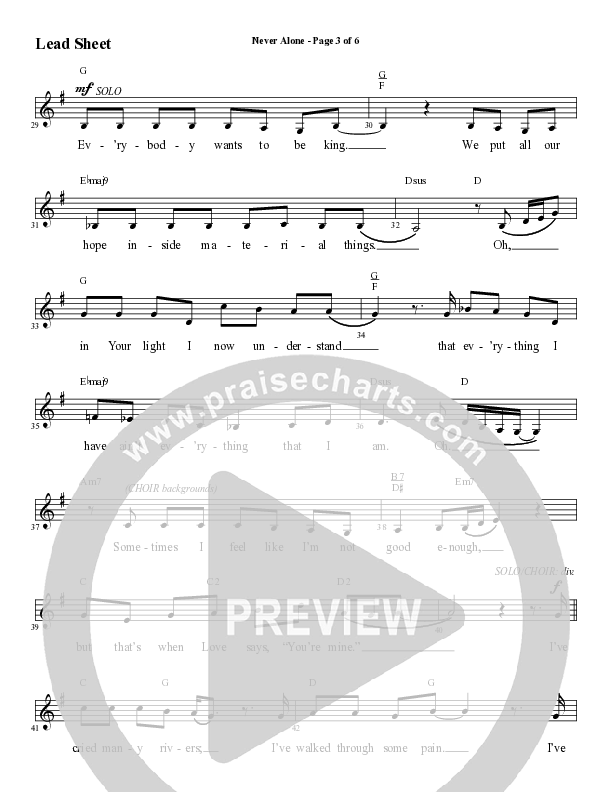 Never Alone (Choral Anthem SATB) Lead Sheet (Melody) (Word Music Choral / Arr. David Wise)