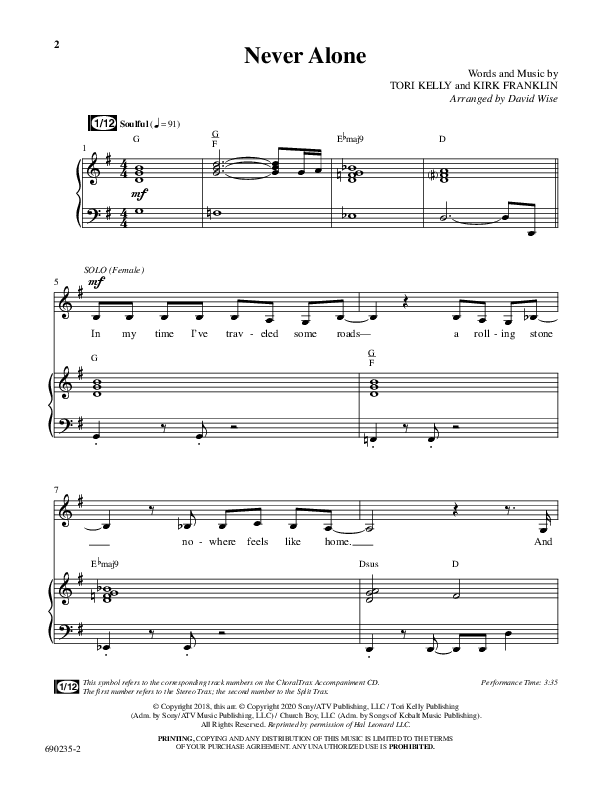 Never Alone (Choral Anthem SATB) Anthem (SATB/Piano) (Word Music Choral / Arr. David Wise)
