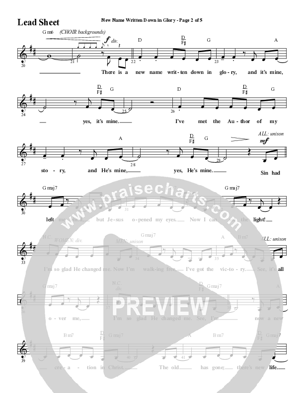 New Name Written Down In Glory (Choral Anthem SATB) Lead Sheet (Melody) (Word Music Choral / Arr. Daniel Semsen)