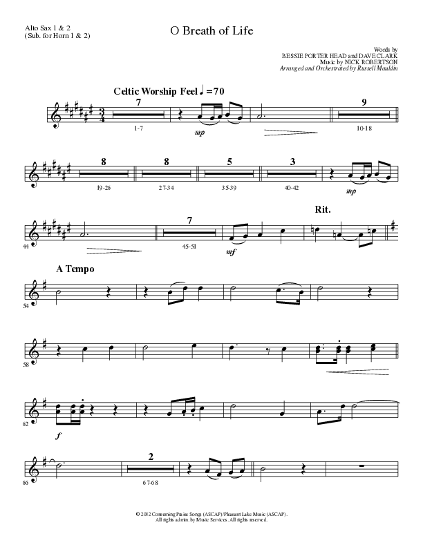 O Breath of Life (Choral Anthem SATB) Alto Sax 1/2 (Lillenas Choral / Arr. Russell Mauldin)