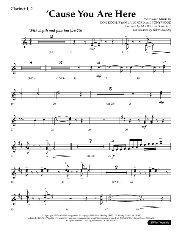 Cause You Are Here (Choral Anthem SATB) Clarinet 1/2 (Lifeway Choral / Arr. John Bolin / Arr. Don Koch)