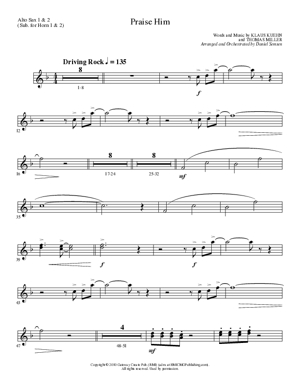 Praise Him (Choral Anthem SATB) Alto Sax 1/2 (Lillenas Choral / Arr. Daniel Semsen)