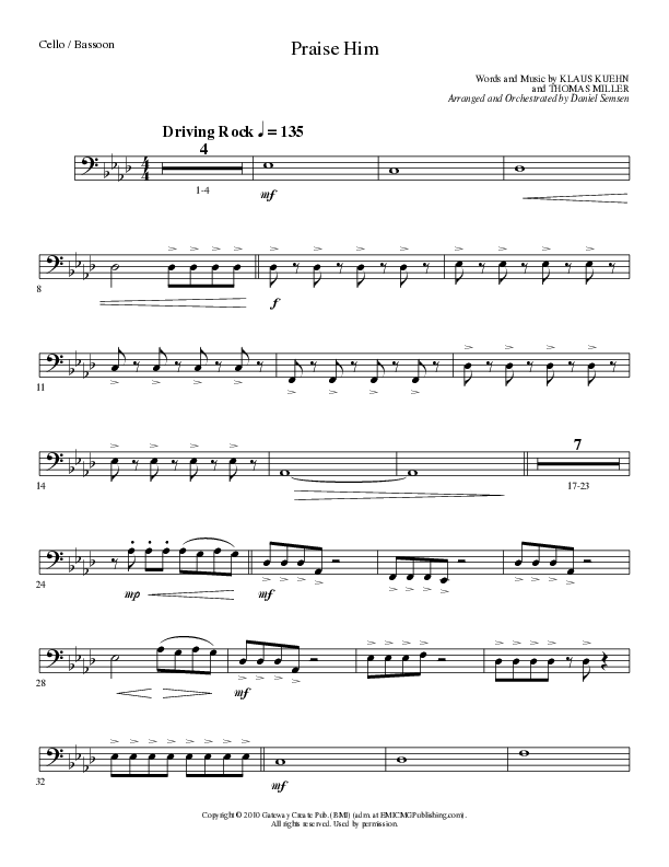 Praise Him (Choral Anthem SATB) Cello (Lillenas Choral / Arr. Daniel Semsen)