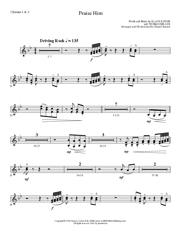 Praise Him (Choral Anthem SATB) Clarinet 1/2 (Lillenas Choral / Arr. Daniel Semsen)