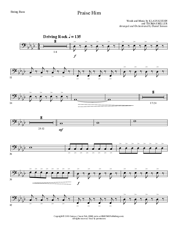 Praise Him (Choral Anthem SATB) String Bass (Lillenas Choral / Arr. Daniel Semsen)