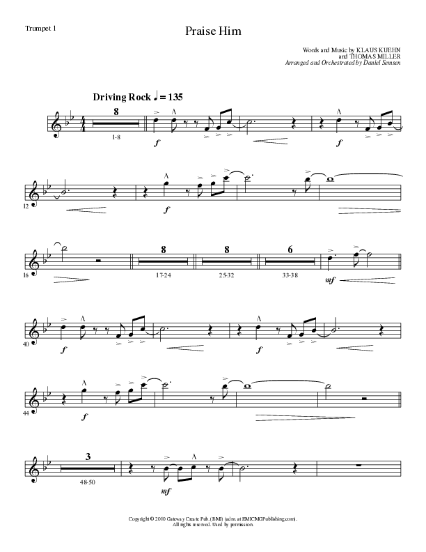 Praise Him (Choral Anthem SATB) Trumpet 1 (Lillenas Choral / Arr. Daniel Semsen)