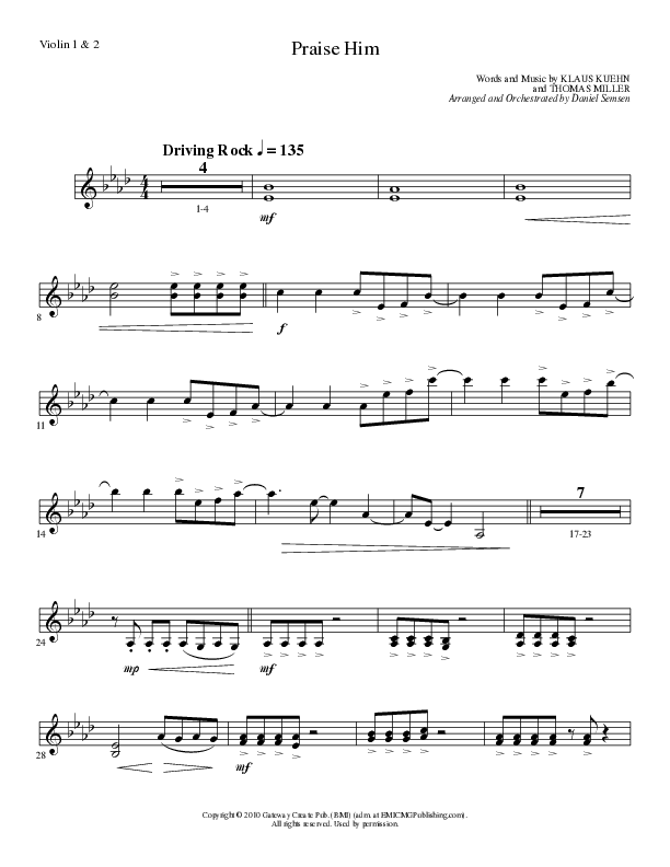 Praise Him (Choral Anthem SATB) Violin 1/2 (Lillenas Choral / Arr. Daniel Semsen)