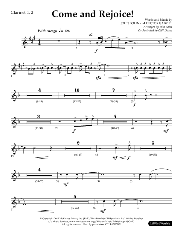 Come And Rejoice (Choral Anthem SATB) Clarinet 1/2 (Lifeway Choral / Arr. John Bolin)