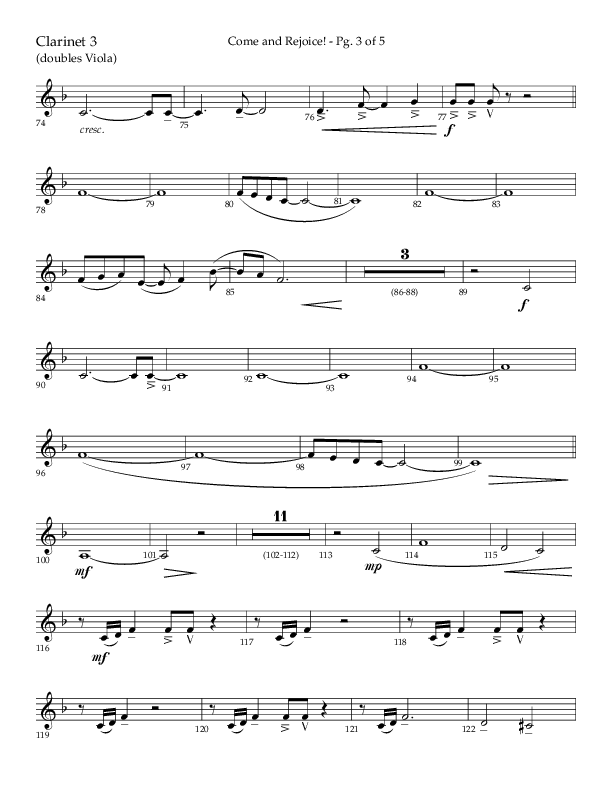 Come And Rejoice (Choral Anthem SATB) Clarinet 3 (Lifeway Choral / Arr. John Bolin)
