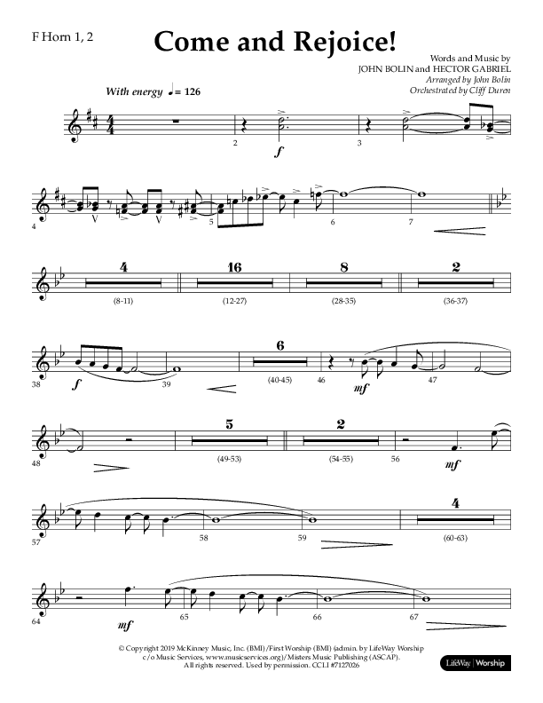Come And Rejoice (Choral Anthem SATB) French Horn 1/2 (Lifeway Choral / Arr. John Bolin)