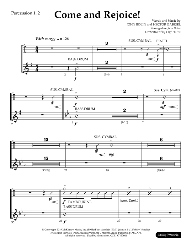 Come And Rejoice (Choral Anthem SATB) Percussion 1/2 (Lifeway Choral / Arr. John Bolin)