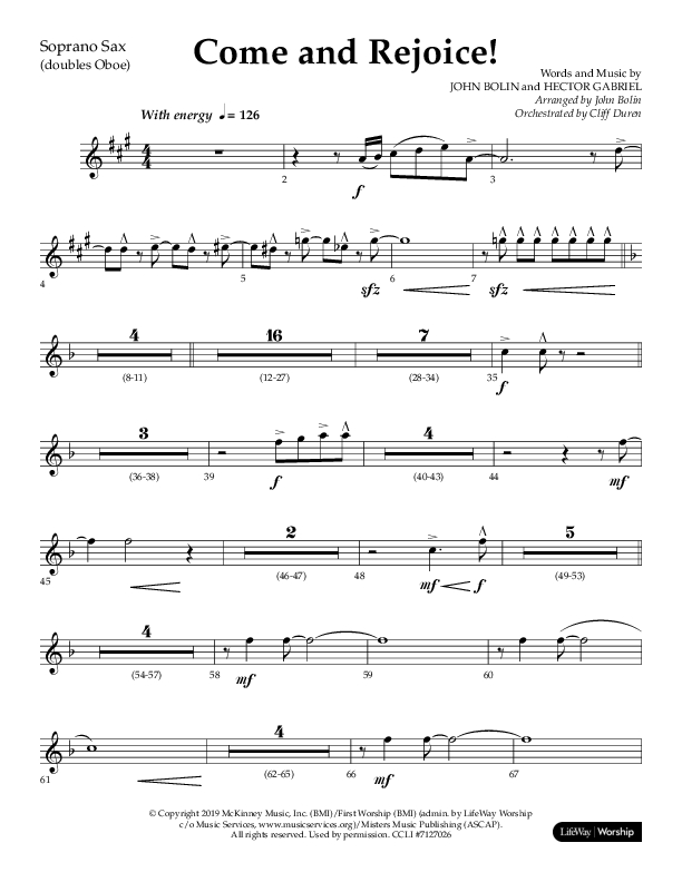 Come And Rejoice (Choral Anthem SATB) Soprano Sax (Lifeway Choral / Arr. John Bolin)
