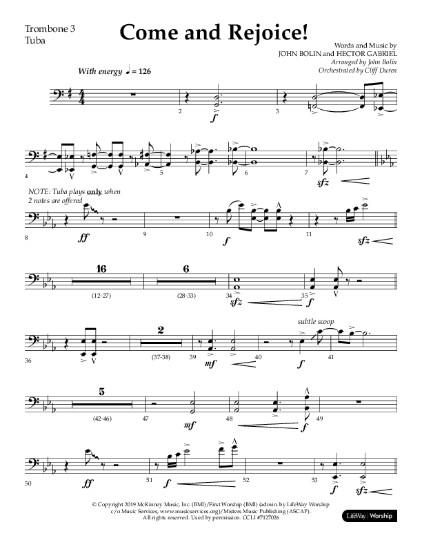 Come And Rejoice (Choral Anthem SATB) Trombone 3/Tuba (Lifeway Choral / Arr. John Bolin)