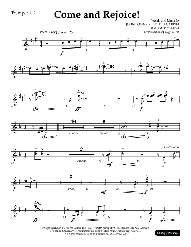 Come And Rejoice (Choral Anthem SATB) Trumpet 1,2 (Lifeway Choral / Arr. John Bolin)
