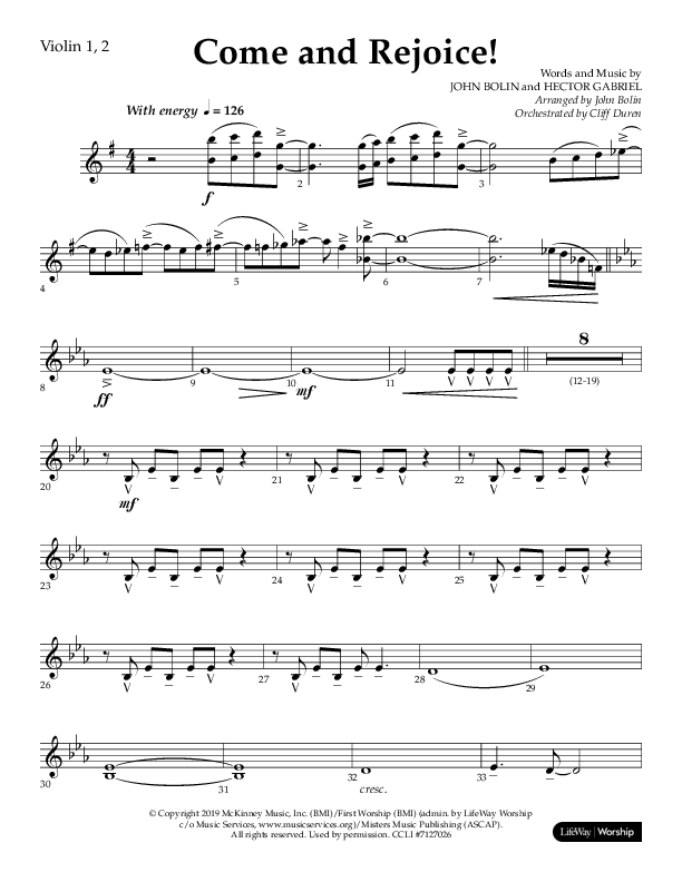 Come And Rejoice (Choral Anthem SATB) Violin 1/2 (Lifeway Choral / Arr. John Bolin)