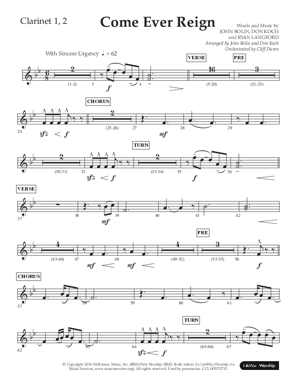 Come Ever Reign (Choral Anthem SATB) Clarinet 1/2 (Lifeway Choral / Arr. John Bolin / Arr. Don Koch)