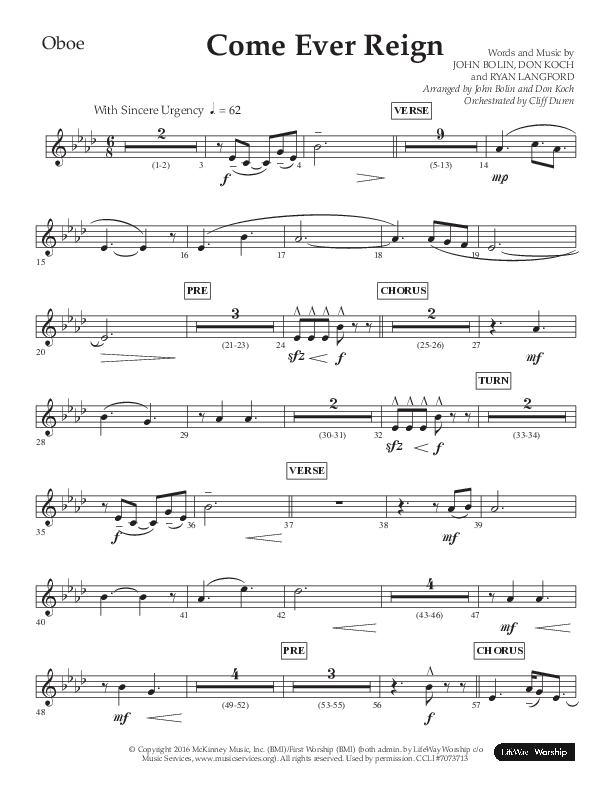 Come Ever Reign (Choral Anthem SATB) Oboe (Lifeway Choral / Arr. John Bolin / Arr. Don Koch)