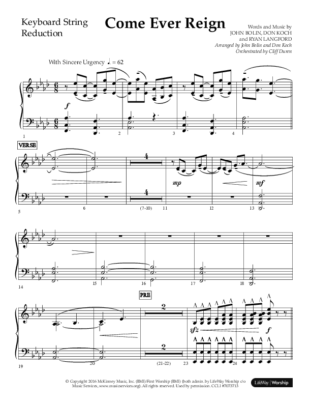 Come Ever Reign (Choral Anthem SATB) String Reduction (Lifeway Choral / Arr. John Bolin / Arr. Don Koch)