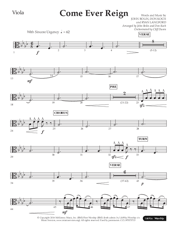 Come Ever Reign (Choral Anthem SATB) Viola (Lifeway Choral / Arr. John Bolin / Arr. Don Koch)