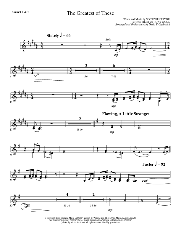 The Greatest of These (Choral Anthem SATB) Clarinet 1/2 (Lillenas Choral / Arr. David Clydesdale)