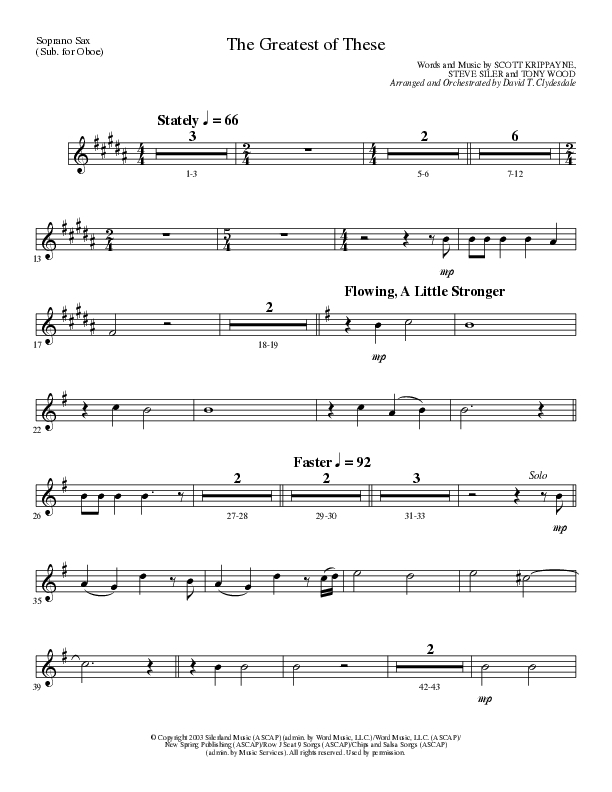 The Greatest of These (Choral Anthem SATB) Soprano Sax (Lillenas Choral / Arr. David Clydesdale)
