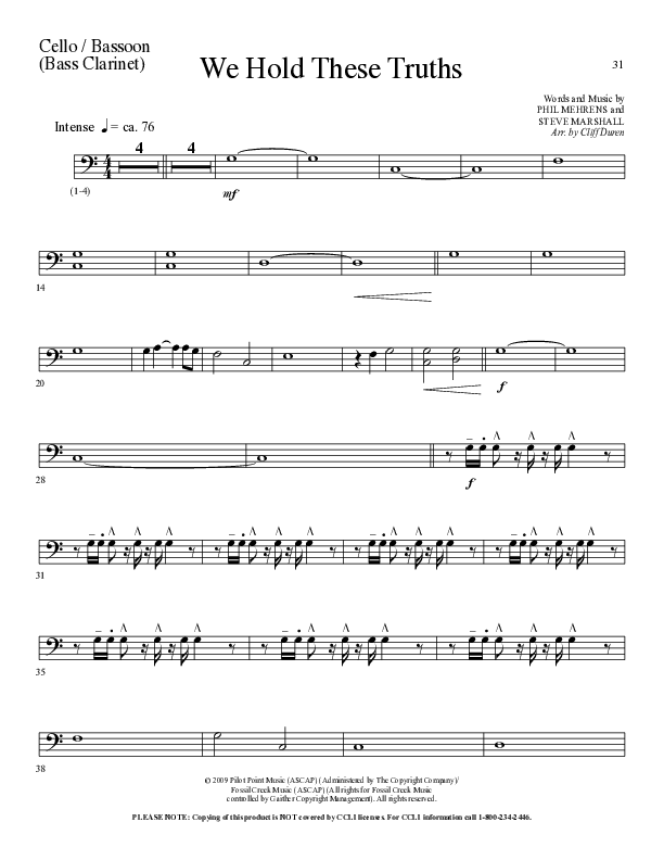 We Hold These Truths (Choral Anthem SATB) Cello (Lillenas Choral / Arr. Cliff Duren)