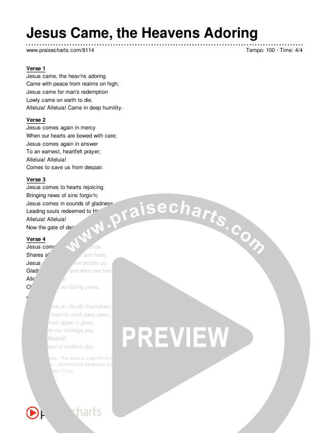 Jesus Came, the Heavens Adoring Lyrics (Traditional Hymn)