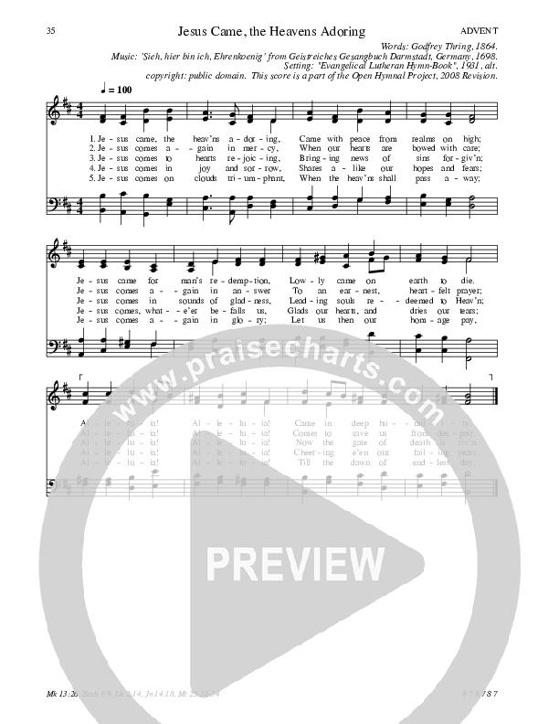 Jesus Came, the Heavens Adoring Hymn Sheet (SATB) (Traditional Hymn)