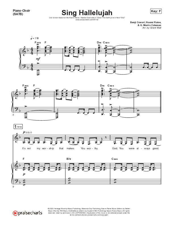 Sing Hallelujah Piano/Vocal (SATB) (Naomi Raine / Natalie Grant)