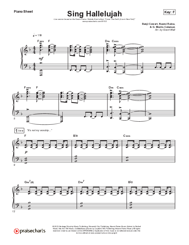 Sing Hallelujah Piano Sheet (Naomi Raine / Natalie Grant)