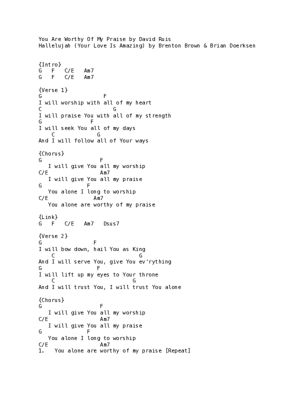 You're Worthy Of My Praise / Hallelujah Your Love Is Amazing Chord Chart (Vineyard Worship / Kyle Howard / Alexandria Faison)