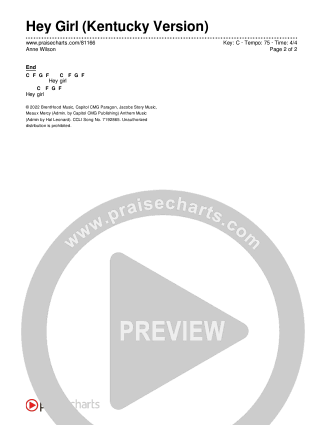 Hey Girl (Kentucky Version) Chords & Lyrics (Anne Wilson)