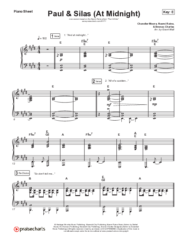 Paul & Silas (At Midnight) (Live) Piano Sheet (Naomi Raine / Chandler Moore)