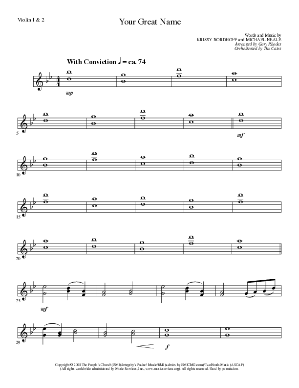 Your Great Name (Choral Anthem SATB) Violin 1/2 (Lillenas Choral / Arr. Gary Rhodes)