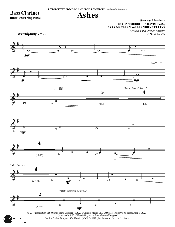 Ashes (Choral Anthem SATB) Bass Clarinet (Word Music Choral / Arr. J. Daniel Smith)