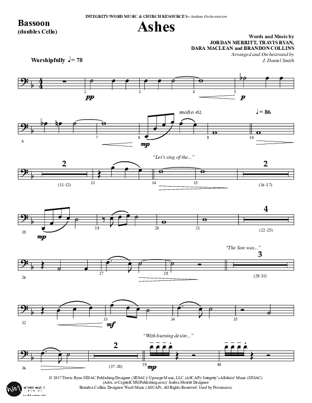 Ashes (Choral Anthem SATB) Bassoon (Word Music Choral / Arr. J. Daniel Smith)