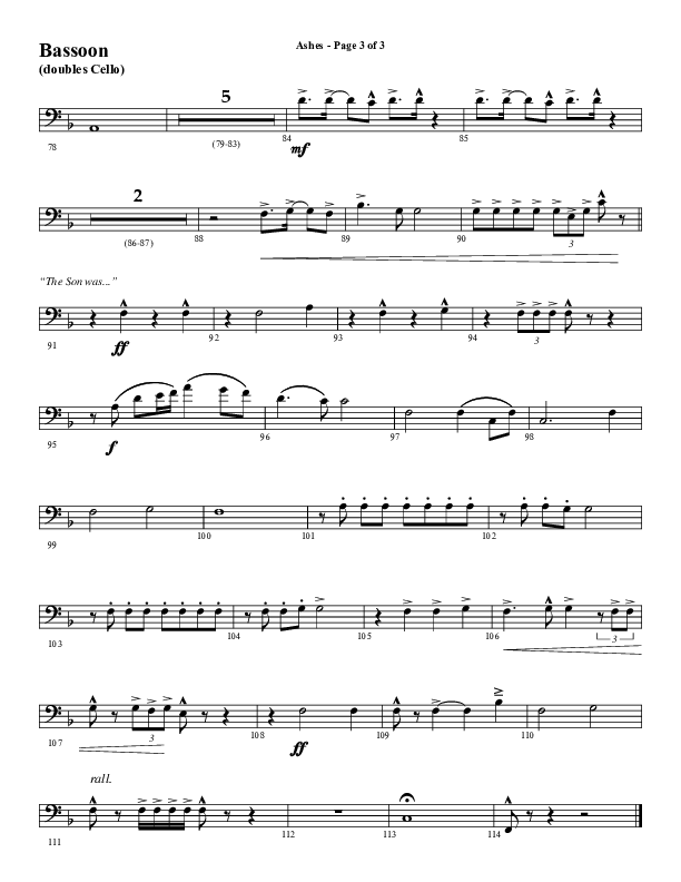 Ashes (Choral Anthem SATB) Bassoon (Word Music Choral / Arr. J. Daniel Smith)
