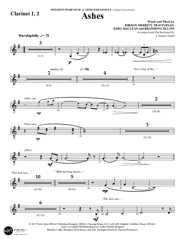 Ashes (Choral Anthem SATB) Clarinet 1/2 (Word Music Choral / Arr. J. Daniel Smith)