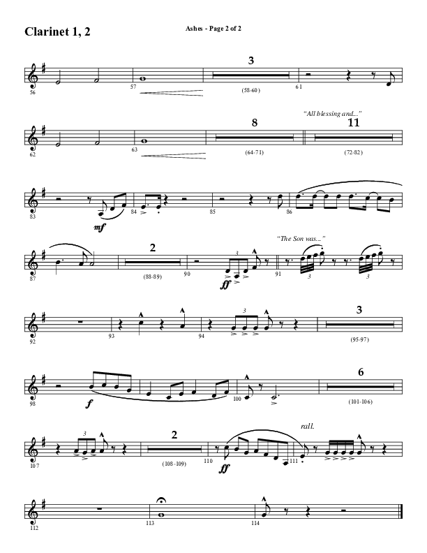 Ashes (Choral Anthem SATB) Clarinet 1/2 (Word Music Choral / Arr. J. Daniel Smith)