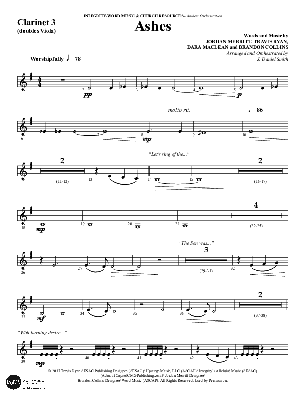 Ashes (Choral Anthem SATB) Clarinet 3 (Word Music Choral / Arr. J. Daniel Smith)